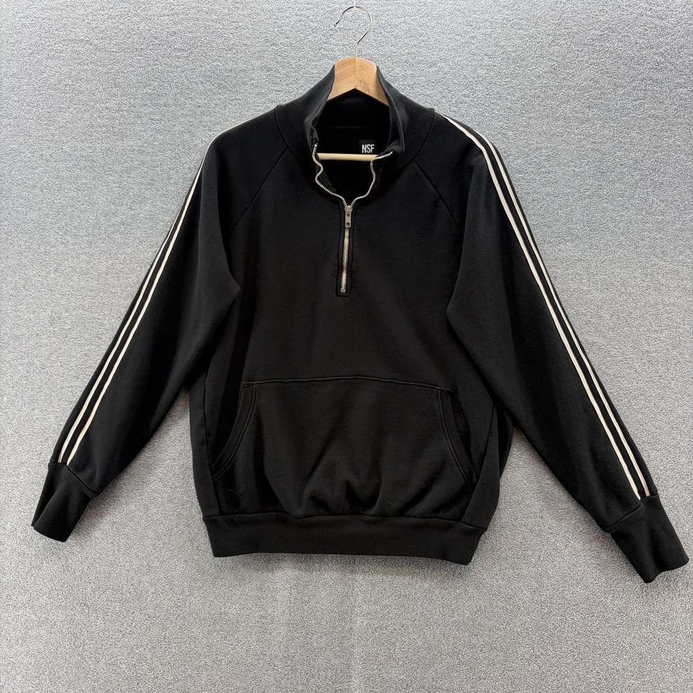 NSF Sweatshirt Womens Small Black 1/4 Zip Mock Neck Striped Fleece Kangaroo